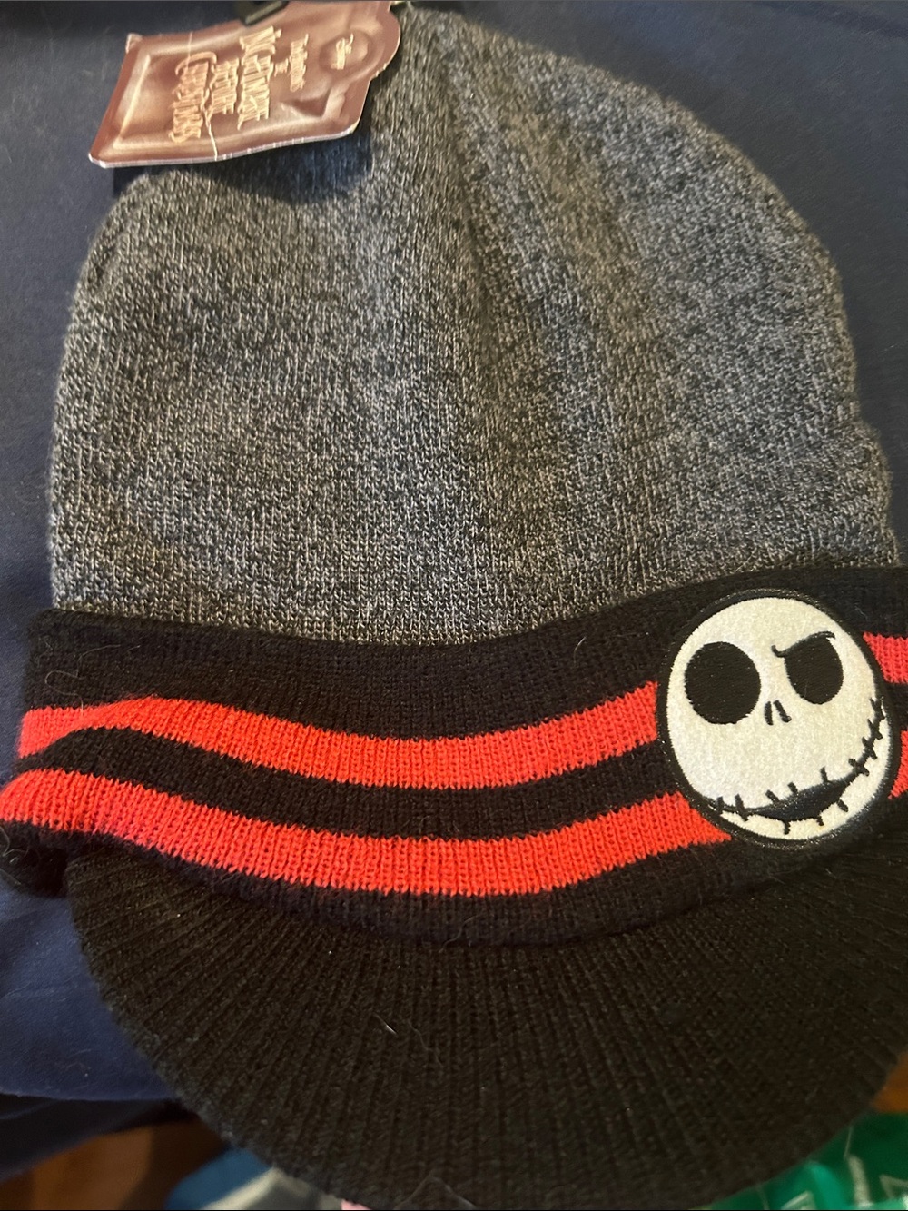 Disney Nightmare Before Christmas Jack Skellington Gray Striped Beanie Hat visor